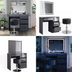 Schminktisch Sherry Anthrazit 90 cm mit LED Spiegel und Hocker Vicco