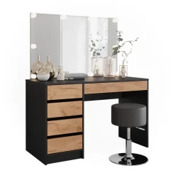 Schminktisch Sherry Anthrazit/Goldkraft Eiche 120 x 75 cm mit LED-Beleuchtung und Hocker Vicco