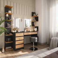 Schminktisch Sherry Anthrazit/Goldkraft Eiche 120 x 75 cm mit LED-Beleuchtung und Hocker Vicco