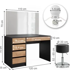Schminktisch Sherry Anthrazit/Goldkraft Eiche 120 x 75 cm mit LED-Beleuchtung und Hocker Vicco