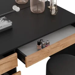 Schminktisch Sherry Anthrazit/Goldkraft Eiche 120 x 75 cm mit LED-Beleuchtung und Hocker Vicco