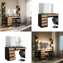 Schminktisch Sherry Anthrazit/Goldkraft Eiche 120 x 75 cm mit LED-Beleuchtung und Hocker Vicco