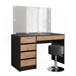 Schminktisch Sherry Anthrazit/Goldkraft Eiche 120 x 75 cm mit LED-Beleuchtung und Hocker Vicco