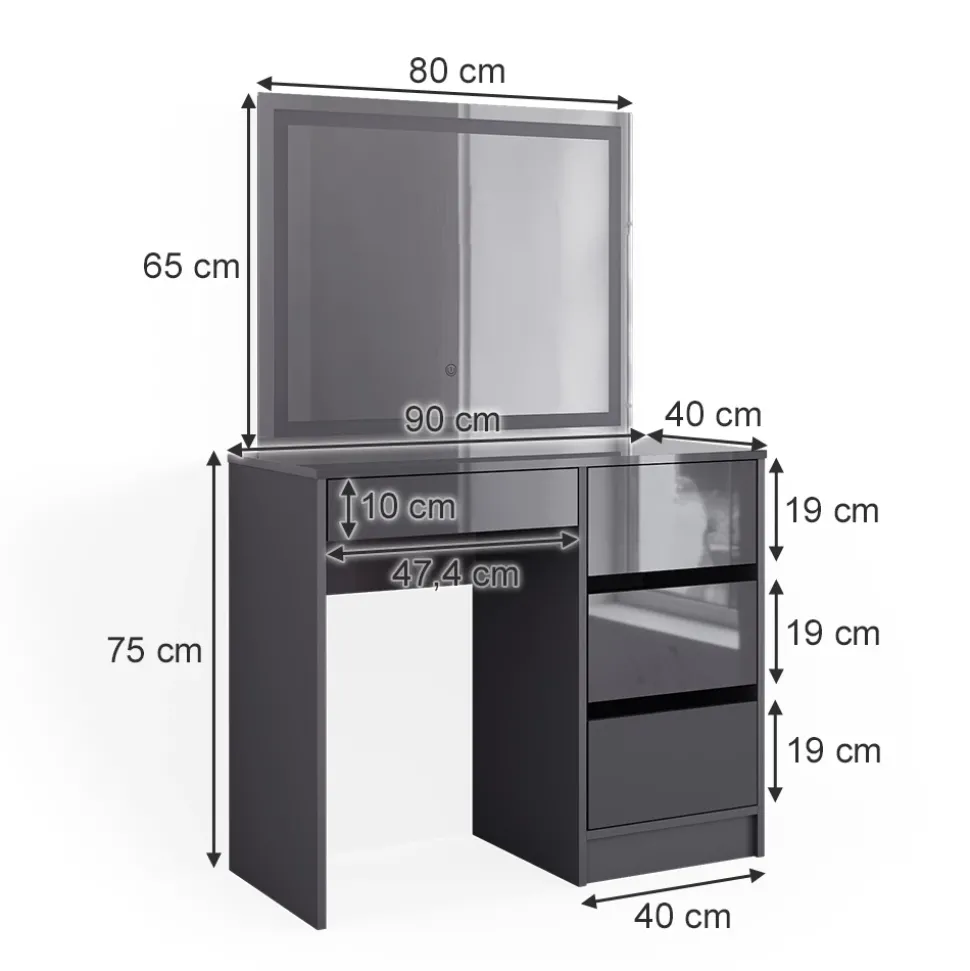 Schminktisch Sherry Anthrazit 90 cm mit LED- Spiegel Vicco