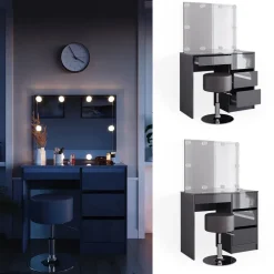 Schminktisch Sherry Anthrazit Hochglanz 90 cm mit LED Beleuchtung und Hocker Vicco