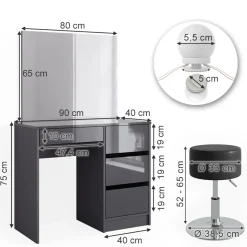 Schminktisch Sherry Anthrazit Hochglanz 90 cm mit LED Beleuchtung und Hocker Vicco
