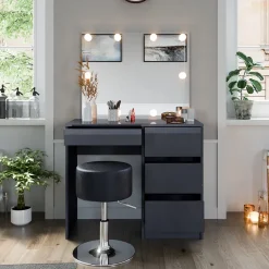 Schminktisch Sherry Anthrazit Hochglanz 90 cm mit LED Beleuchtung und Hocker Vicco