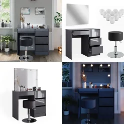 Schminktisch Sherry Anthrazit Hochglanz 90 cm mit LED Beleuchtung und Hocker Vicco