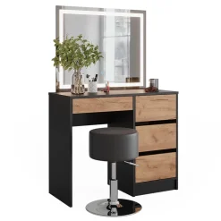 Schminktisch Sherry Anthrazit/Goldkraft Eiche 90 x 75 cm mit LED-Spiegel und Hocker Vicco