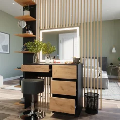 Schminktisch Sherry Anthrazit/Goldkraft Eiche 90 x 75 cm mit LED-Spiegel und Hocker Vicco