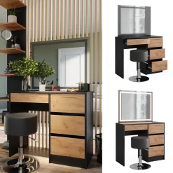 Schminktisch Sherry Anthrazit/Goldkraft Eiche 90 x 75 cm mit LED-Spiegel und Hocker Vicco