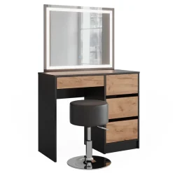 Schminktisch Sherry Anthrazit/Goldkraft Eiche 90 x 75 cm mit LED-Spiegel und Hocker Vicco