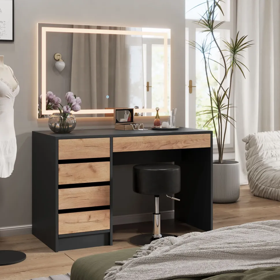 Schminktisch Sherry Anthrazit/Goldkraft Eiche 120 x 75 cm mit LED-Spiegel und Hocker Vicco