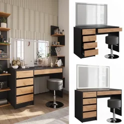 Schminktisch Sherry Anthrazit/Goldkraft Eiche 120 x 75 cm mit LED-Spiegel und Hocker Vicco