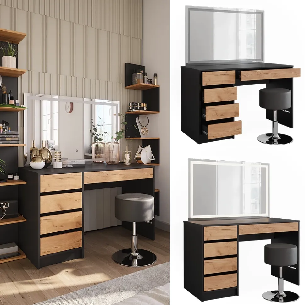 Schminktisch Sherry Anthrazit/Goldkraft Eiche 120 x 75 cm mit LED-Spiegel und Hocker Vicco