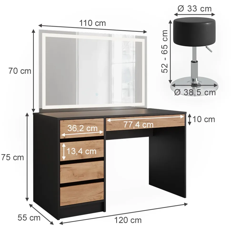 Schminktisch Sherry Anthrazit/Goldkraft Eiche 120 x 75 cm mit LED-Spiegel und Hocker Vicco