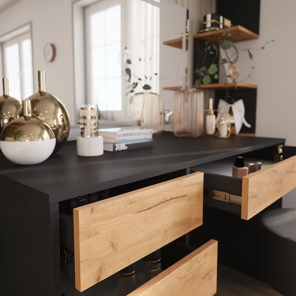 Schminktisch Sherry Anthrazit/Goldkraft Eiche 120 x 75 cm mit LED-Spiegel und Hocker Vicco