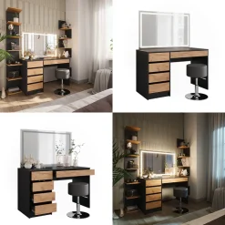 Schminktisch Sherry Anthrazit/Goldkraft Eiche 120 x 75 cm mit LED-Spiegel und Hocker Vicco
