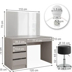 Schminktisch Sherry Cashmere 120 cm mit Spiegel, Hocker & LED-Beleuchtung Vicco