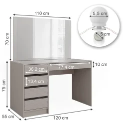 Schminktisch Sherry Cashmere 120 cm mit Spiegel & LED-Beleuchtung Vicco