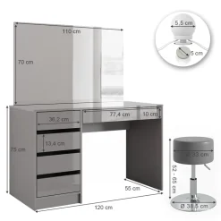 Schminktisch Sherry Grau 120 cm mit LED Beleuchtung und Hocker Vicco