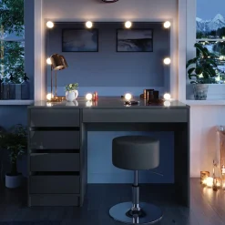 Schminktisch Sherry Grau 120 cm mit LED Beleuchtung und Hocker Vicco