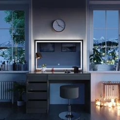 Schminktisch Sherry Grau 120 cm mit LED-Spiegel und Hocker Vicco