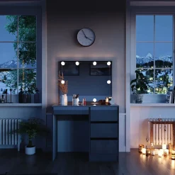 Schminktisch Sherry Grau 90 cm mit LED Beleuchtung und Hocker Vicco