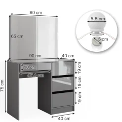 Schminktisch Sherry Grau 90 cm mit LED Beleuchtung und Hocker Vicco