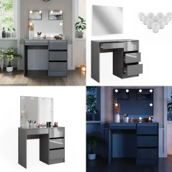 Schminktisch Sherry Grau 90 cm mit LED Beleuchtung und Hocker Vicco