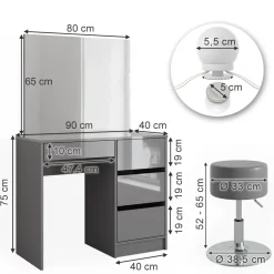 Schminktisch Sherry Grau 90 cm mit LED Beleuchtung und Hocker Vicco