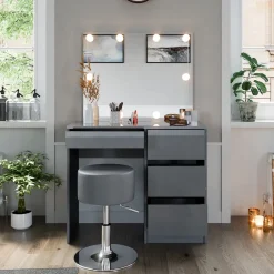Schminktisch Sherry Grau 90 cm mit LED Beleuchtung und Hocker Vicco