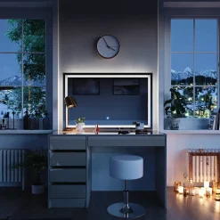 Schminktisch Sherry Greige 120 cm mit LED-Spiegel und Hocker Vicco