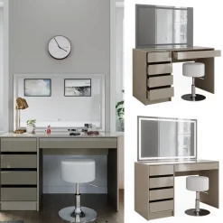 Schminktisch Sherry Greige 120 cm mit LED-Spiegel und Hocker Vicco