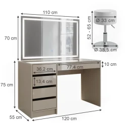 Schminktisch Sherry Greige 120 cm mit LED-Spiegel und Hocker Vicco