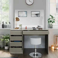 Schminktisch Sherry Greige 120 cm mit LED-Spiegel und Hocker Vicco