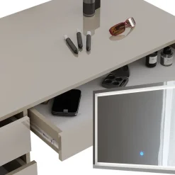 Schminktisch Sherry Greige 120 cm mit LED-Spiegel und Hocker Vicco