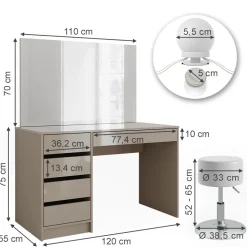 Schminktisch Sherry Greige 120 cm mit LED Beleuchtung und Hocker Vicco
