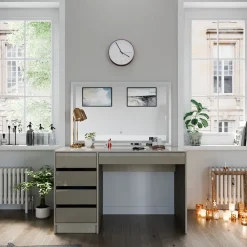 Schminktisch Sherry Greige Hochglanz 120 cm mit LED-Spiegel Vicco