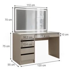 Schminktisch Sherry Greige Hochglanz 120 cm mit LED-Spiegel Vicco