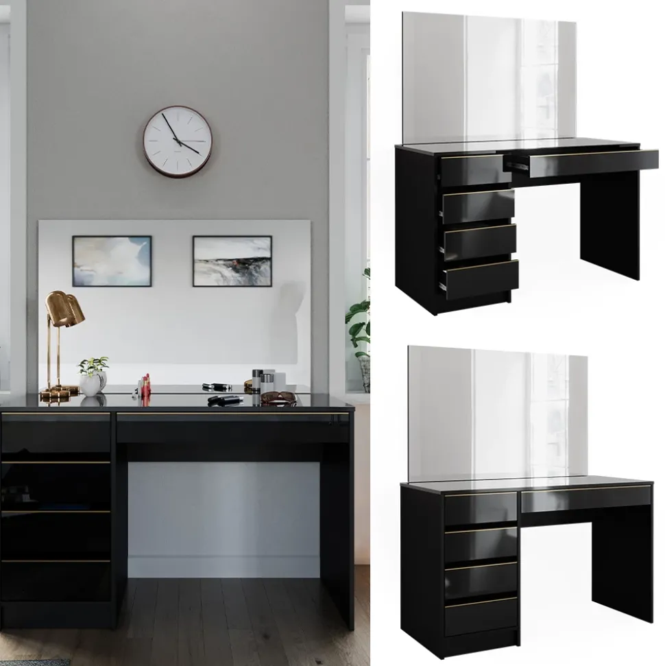 Schminktisch Sherry Schwarz/Gold 120 cm mit Spiegel Vicco