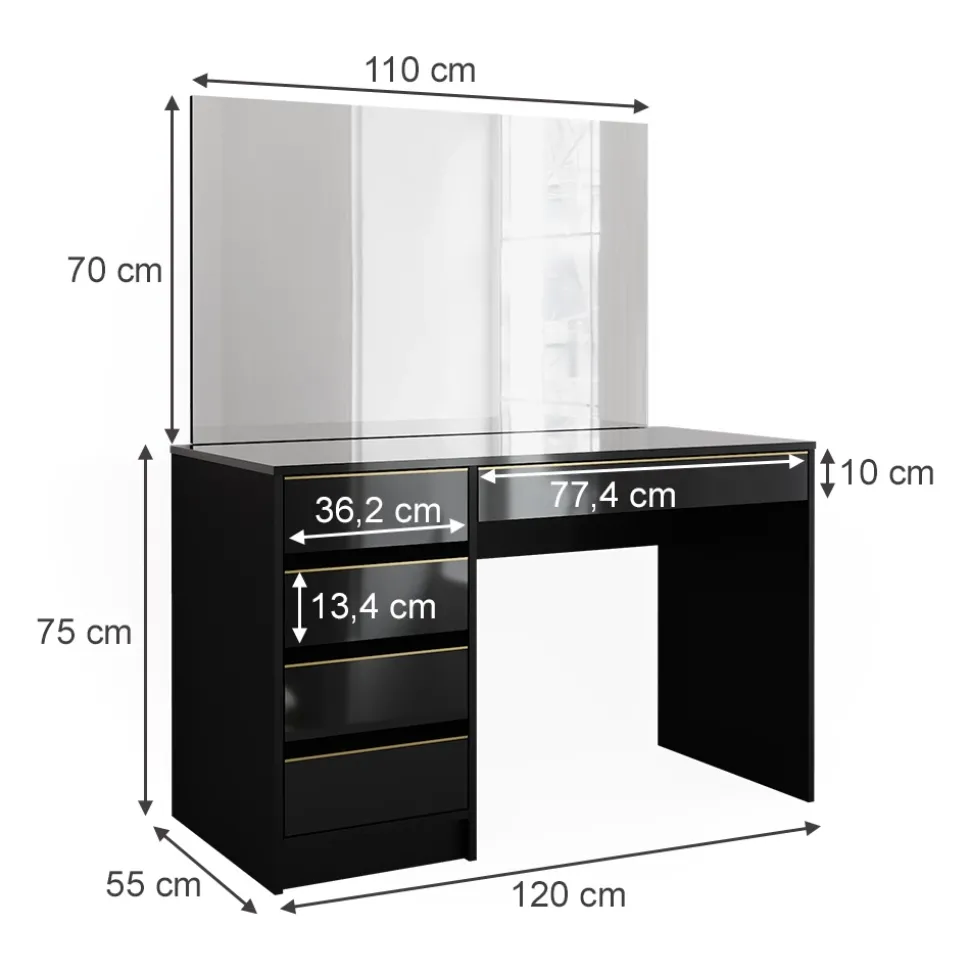 Schminktisch Sherry Schwarz/Gold 120 cm mit Spiegel Vicco