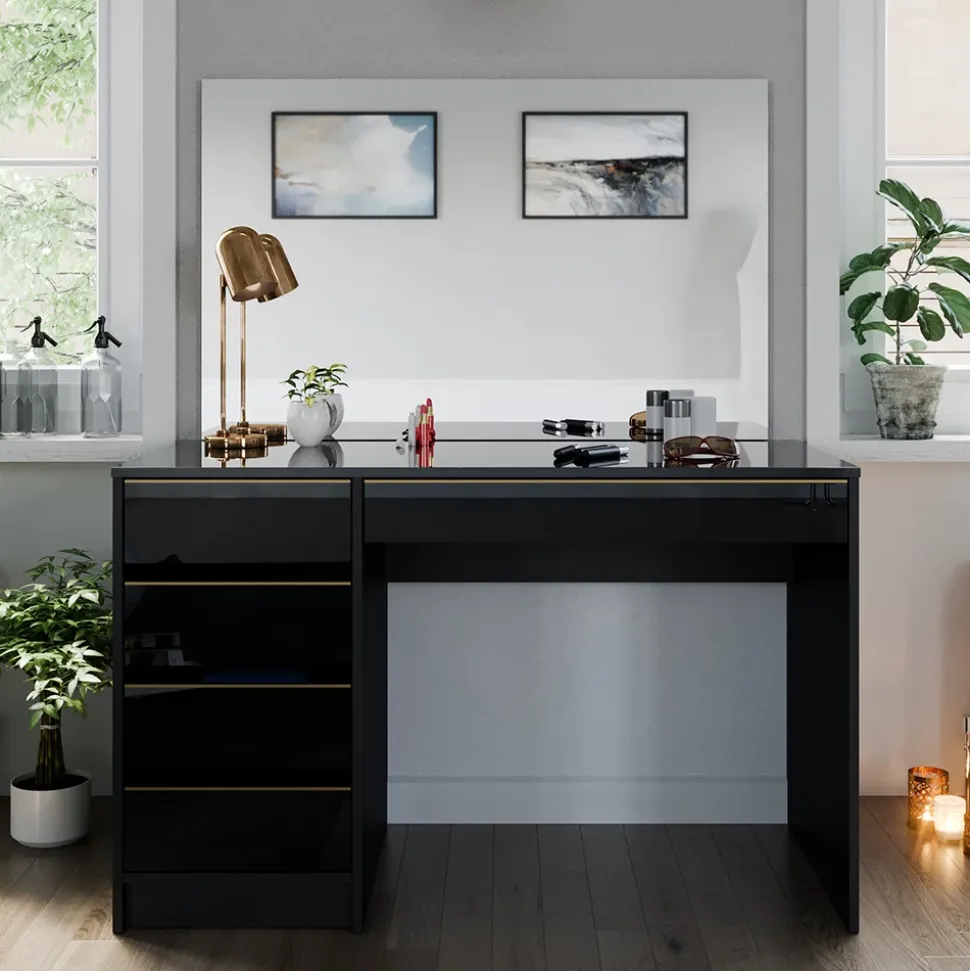 Schminktisch Sherry Schwarz/Gold 120 cm mit Spiegel Vicco