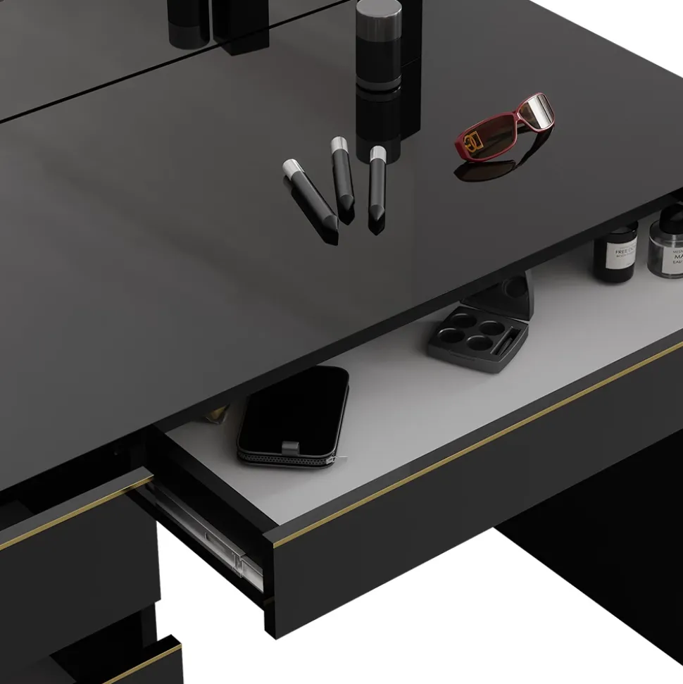 Schminktisch Sherry Schwarz/Gold 120 cm mit Spiegel Vicco