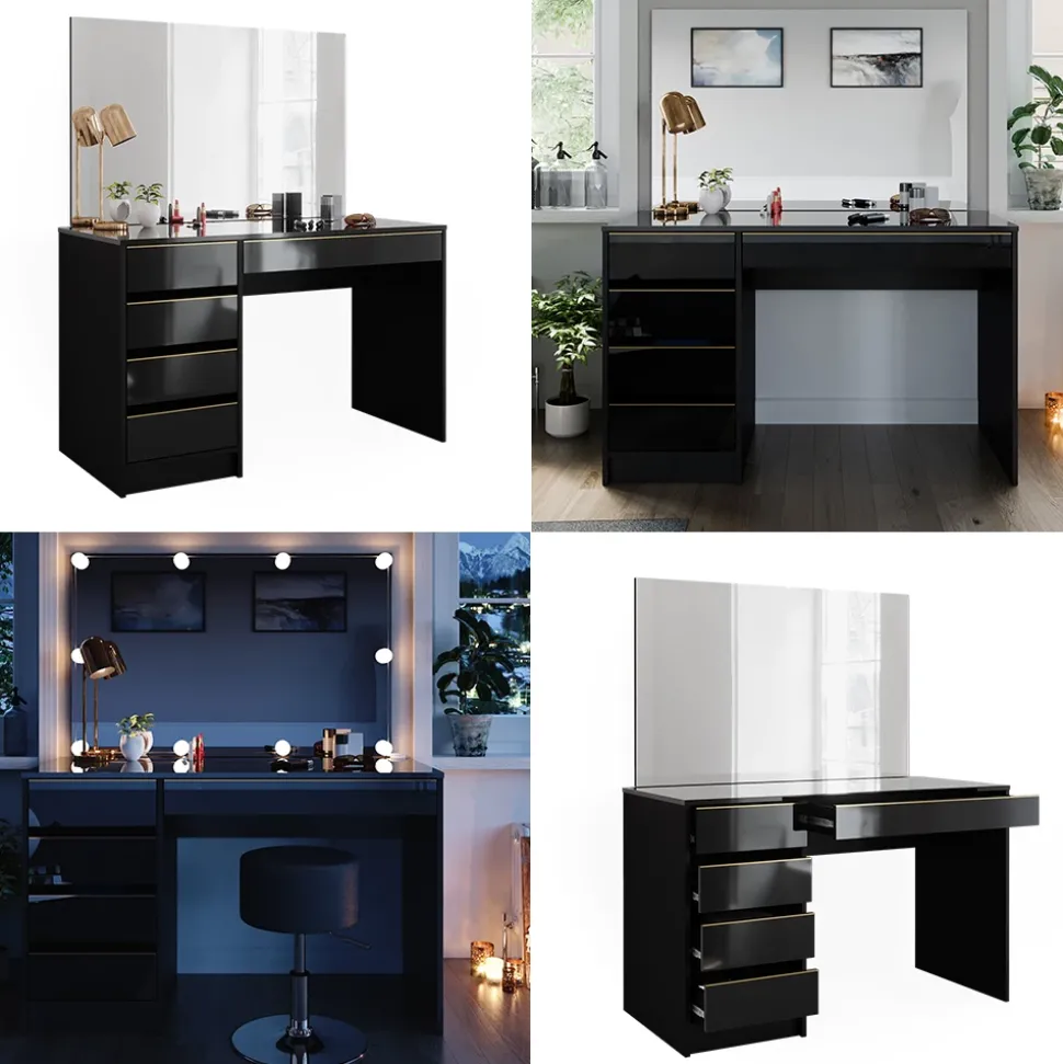 Schminktisch Sherry Schwarz/Gold 120 cm mit Spiegel Vicco