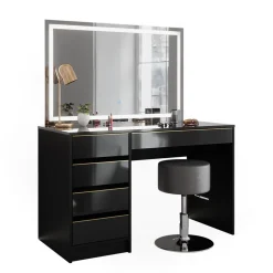 Schminktisch Sherry Schwarz/Gold 120 cm mit LED-Spiegel und Hocker Vicco