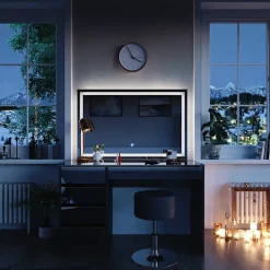 Schminktisch Sherry Schwarz/Gold 120 cm mit LED-Spiegel und Hocker Vicco