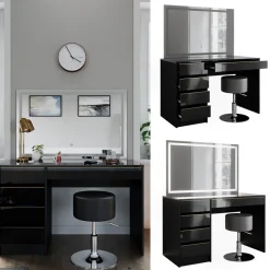 Schminktisch Sherry Schwarz/Gold 120 cm mit LED-Spiegel und Hocker Vicco