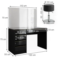 Schminktisch Sherry Schwarz/Gold 120 cm mit LED-Spiegel und Hocker Vicco