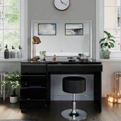 Schminktisch Sherry Schwarz/Gold 120 cm mit LED-Spiegel und Hocker Vicco